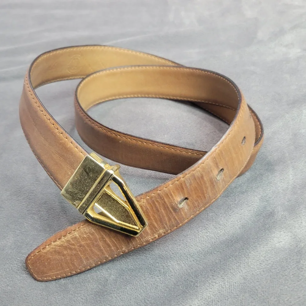 Vintage Tan Italian Leather Belt‎ Geometric Gold Tone Buckle Made in Italy 38